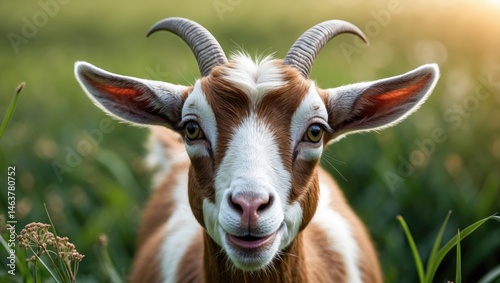 Animated portrait of a billy goat with horns in a farm field