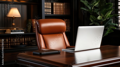 Wallpaper Mural Elegant Workspace: A classic executive office with a leather chair, laptop, and lamp exudes professionalism and sophistication. showcasing the epitome of an organized and productive setting. Torontodigital.ca