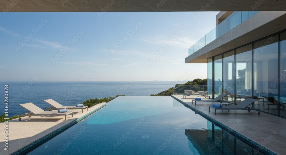 Fototapeta premium Infinity pool overlooking the ocean with lounge chairs