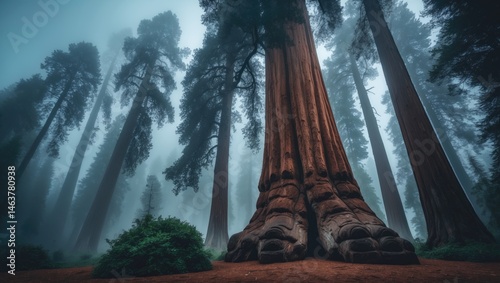 Massive redwood trees set against a bright blue sky background