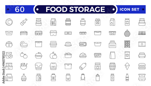 Food storage outline icon set .Groceries Icon Set. Fresh Produce, Dairy, Snacks, Meats, Condiments, Beverages, Baby Food, Household Items.