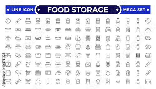 Food storage outline icon set .Groceries Icon Set. Fresh Produce, Dairy, Snacks, Meats, Condiments, Beverages, Baby Food, Household Items.