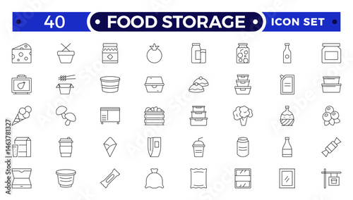 Food storage outline icon set .Groceries Icon Set. Fresh Produce, Dairy, Snacks, Meats, Condiments, Beverages, Baby Food, Household Items.