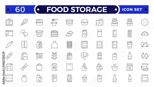 Food storage outline icon set .Groceries Icon Set. Fresh Produce, Dairy, Snacks, Meats, Condiments, Beverages, Baby Food, Household Items.