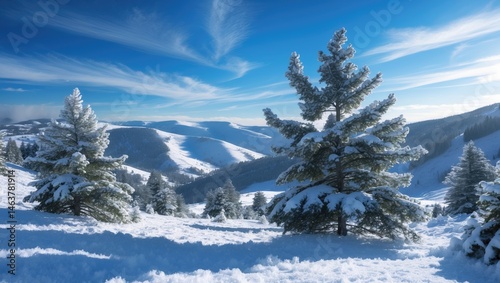 Fototapeta Naklejka Na Ścianę i Meble -  Snowy mountain scenery with a clear blue sky during a cold, sunny winter day