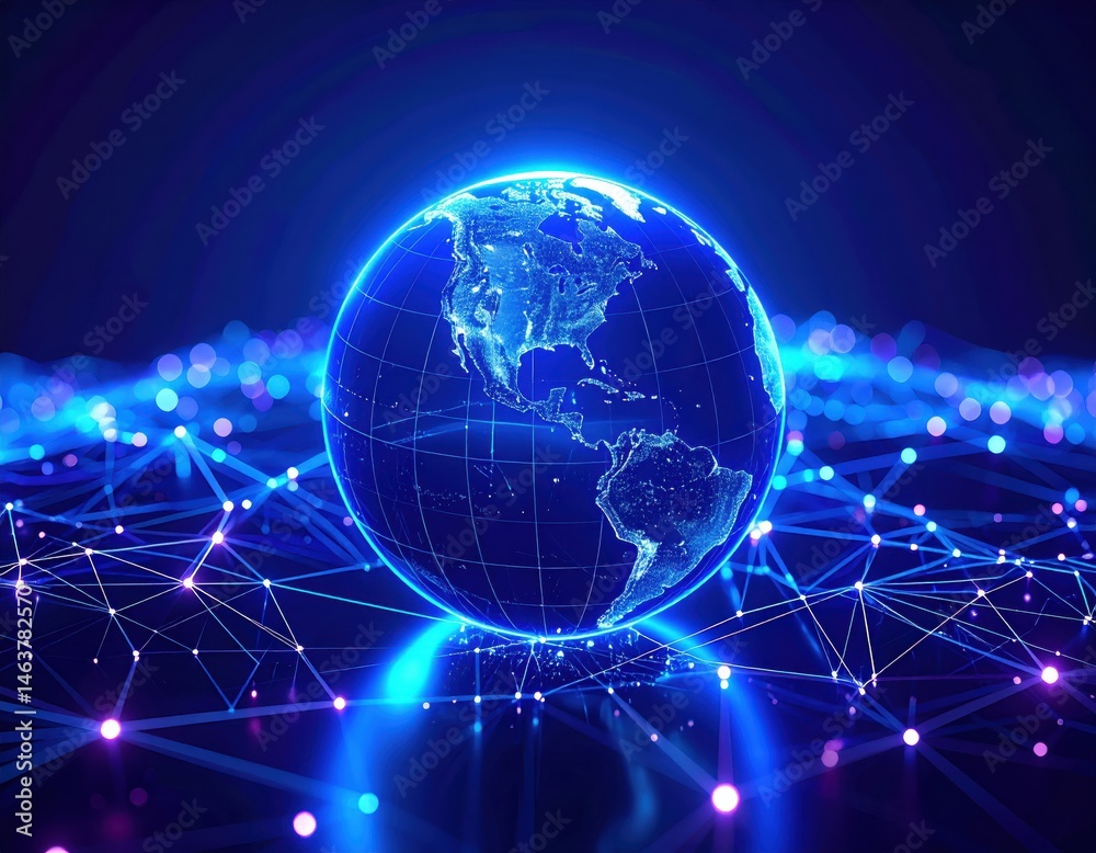 Obraz premium A glowing globe is surrounded by a network of bright lines and dots, representing connectivity and technology in a digital world