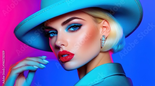 Beauty in the Spotlight: A stunning young woman, crowned with a stylish hat, radiates confidence and allure. Captivating with her striking makeup and refined style, blue theme