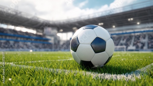 Soccer ball on a sunny stadium field.