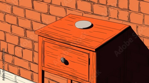 Wooden Table with brick background: A detailed illustration depicts a wooden table with a drawer against a brick wall, casting a shadow.