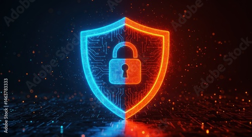 Glowing shield with padlock symbol security concept digital illustration on dark background.