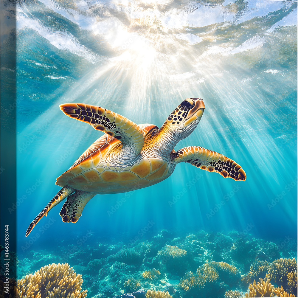 Majestic Sea Turtle in Pristine Ocean Waters Amidst Vibrant Coral Reefs Captured Underwater