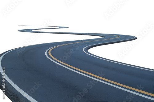 A winding asphalt road with white and yellow lane markings against a transparent background, concept for transportation, travel, and road trip designs