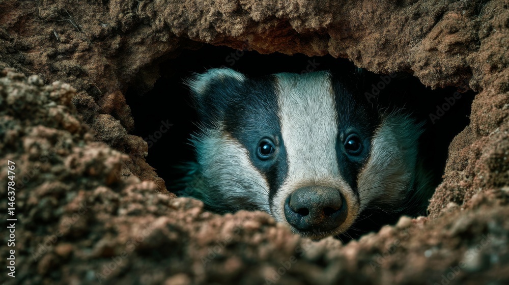 Fototapeta premium Curious Badger Peeking Out from Burrow in Natural Habitat with Earthy Tones and Intriguing Expression