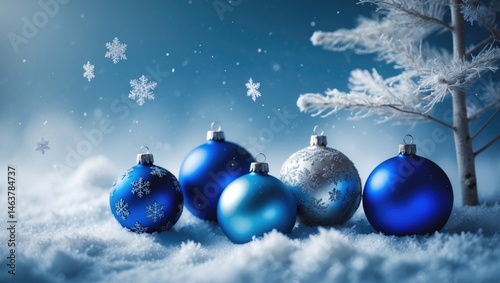 Blue-themed Christmas scene with snow-covered trees and winter landscape