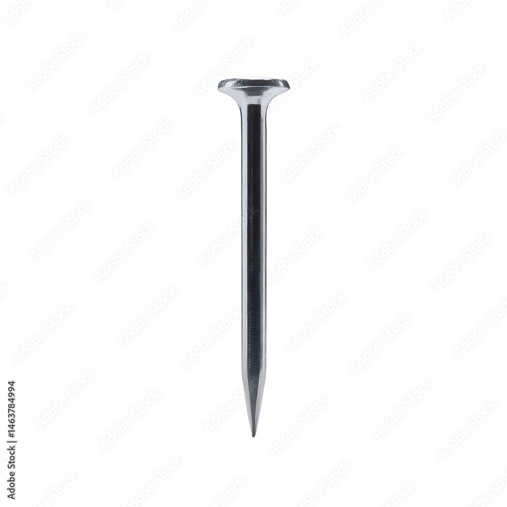 Close-up of a metallic nail against transparent background, a concept for industrial design and manufacturing projects Close-up of a metallic nail against transparent background, a concept for industrial design and manufacturing projects