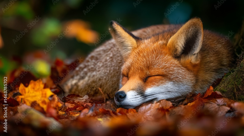 Fototapeta premium Peaceful Red Fox Sleeping on Colorful Autumn Leaves in Enchanting Forest Setting