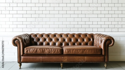 Living room with brown sofa and armchair, white tiled wall