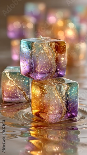 Translucent vibrant jelly cubes bouncing and dropping into amber liquid with soft lighting and dynamic splash effect. Summer abstract concept with colorful motion and texture.
