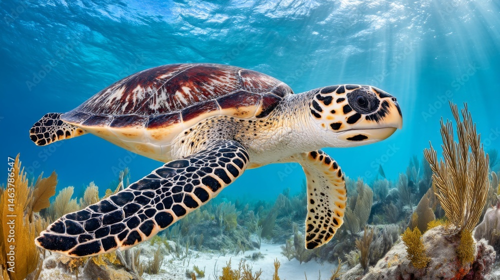 Fototapeta premium Majestic Sea Turtle Gliding Through Vibrant Coral Reef in Crystal Clear Ocean Water Under Soft Sunlight