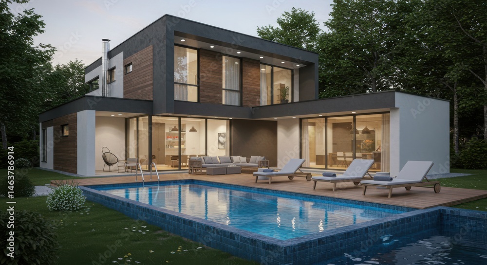 Fototapeta premium Modern house with swimming pool in backyard