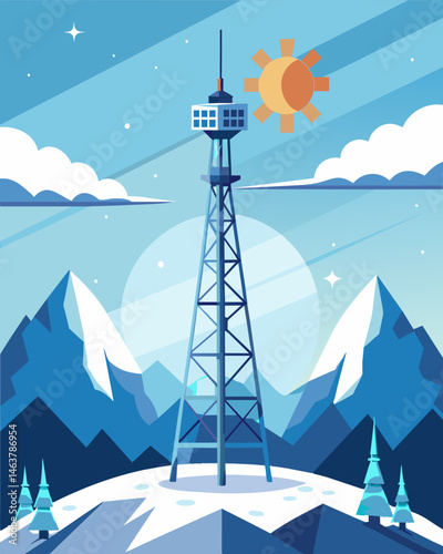 Ast the frigid tundra a solarpowered communication tower stands tall connecting remote communities while reducing dependence on nonrenewable energy sources.. Vector illustration