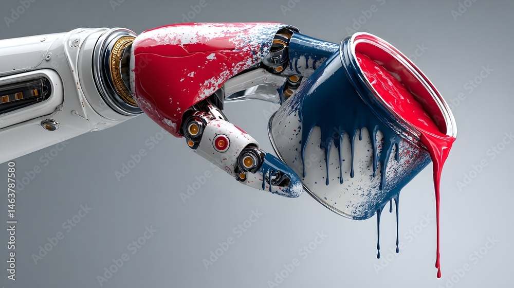 Fototapeta premium A robotic arm with red and white paint splatters delicately holds a paint can dripping blue and red paint.