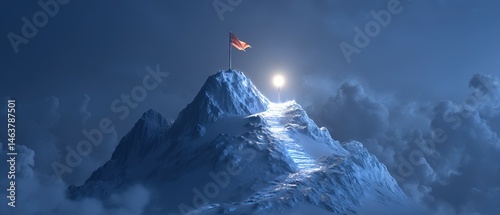 Snow-covered mountain peak illuminated by moonlight.