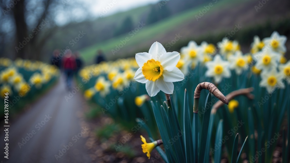 Obraz premium Daffodil field in full bloom on the hillside