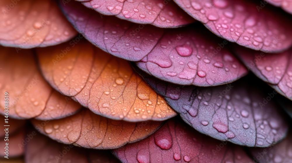 Fototapeta premium Petals of Rain: Close-up of stacked, colorful petals, each adorned with delicate water droplets, creating a visually stunning display of nature's artistry.