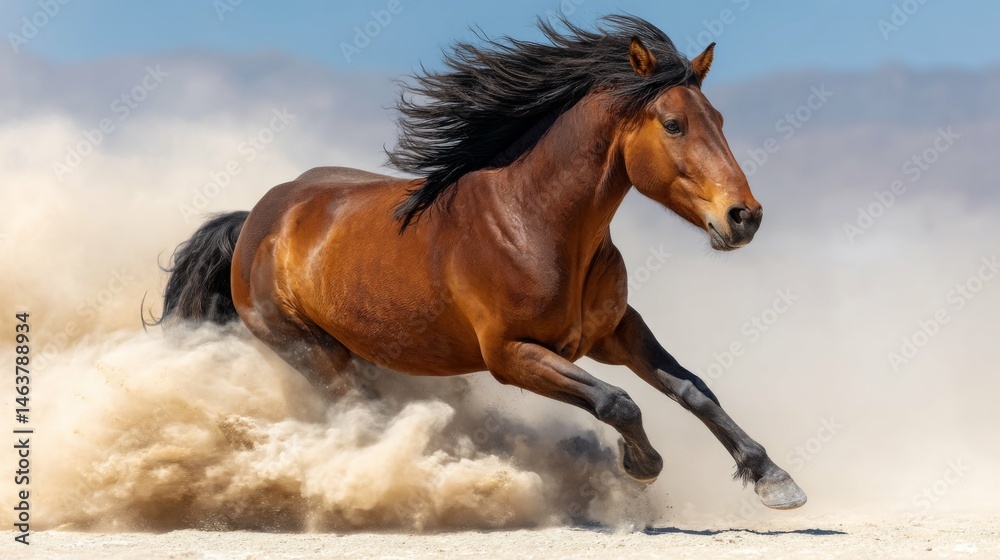 Obraz premium Majestic brown horse galloping across sandy terrain with flowing mane and playful energy under a clear blue sky