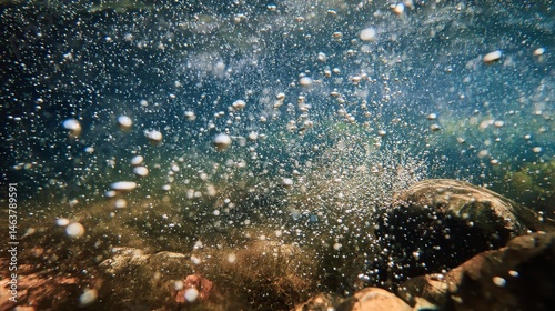 Obraz na płótnie A beautiful underwater shot showing bubbles floating gently through clear water. The serene, peaceful atmosphere captures the elegance of aquatic life, motion, and tranquility beneath the surface. w salonie