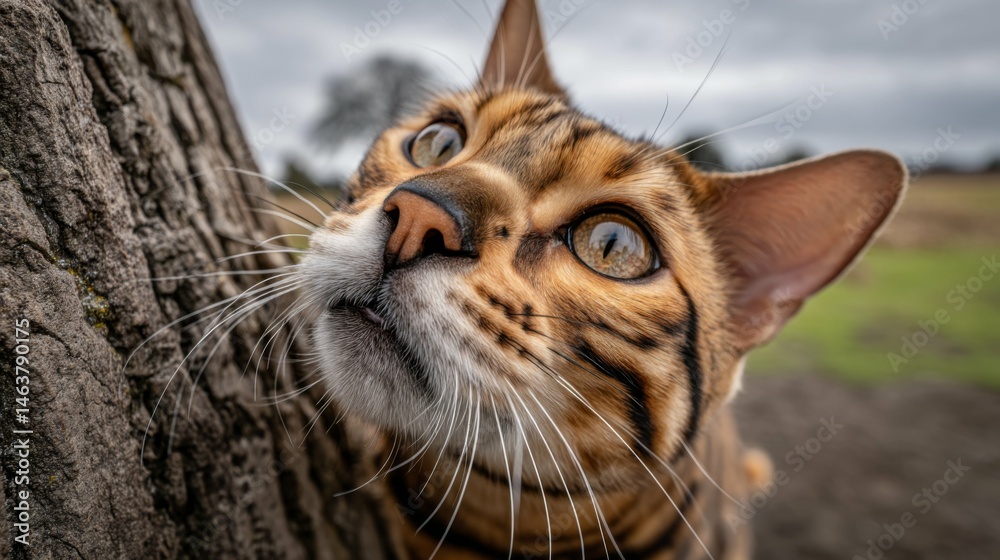 Obraz premium Curious Bengal Cat Investigating Tree Bark with Intense Gaze on a Cloudy Day in Natural Outdoor Environment