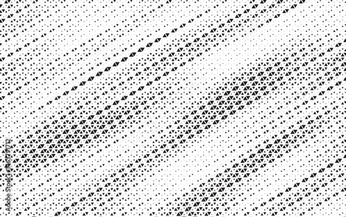 Grunge triangle halftone gradient texture. Faded grit noise background. Sandy gritty wallpaper. Retro pixelated backdrop. Black and white anime or manga comic overlay. 