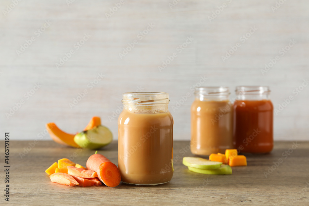 Children's vegetable and fruit puree, on a light background.