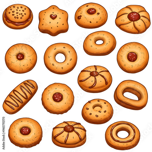 Assorted Cookies with Jam and Chocolate Fillings on White