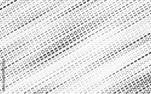 Grunge triangle halftone gradient texture. Faded grit noise background. Sandy gritty wallpaper. Retro pixelated backdrop. Black and white anime or manga comic overlay. 