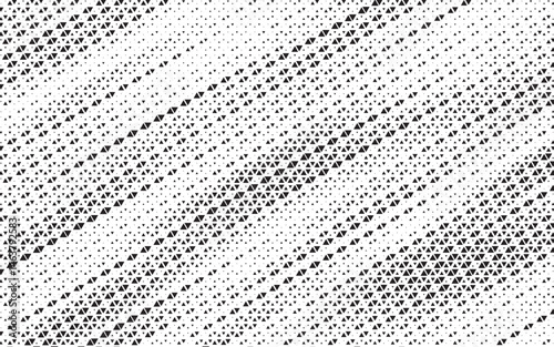 Grunge triangle halftone gradient texture. Faded grit noise background. Sandy gritty wallpaper. Retro pixelated backdrop. Black and white anime or manga comic overlay. 