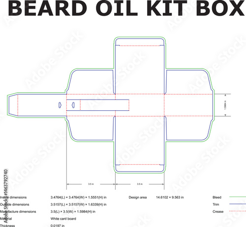 Detailed diagram for a beard oil kit box packaging template with dimensions and technical specifications