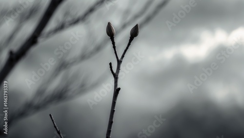 Close-up of bare upper tree branches and spring blossom buds with natural background and backlight