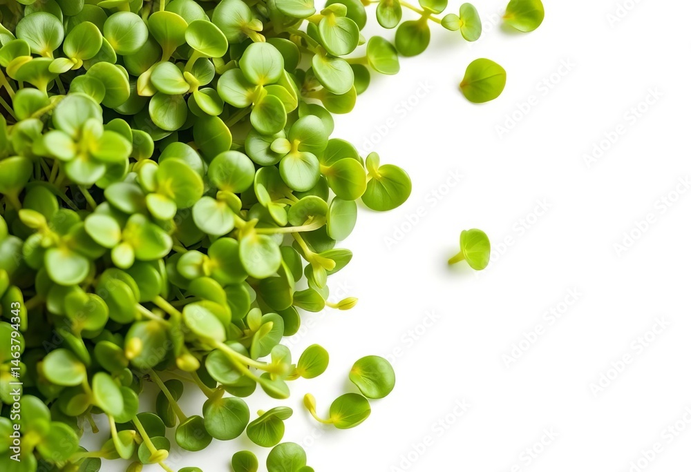 Vibrant green purslane sprouts, freshly harvested, close-up on pristine white backdrop, food photography, food styling Vibrant green purslane sprouts, freshly harvested, close-up on pristine white backdrop, food photography, food styling
