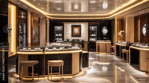 Elegant luxury watch store interior with polished displays