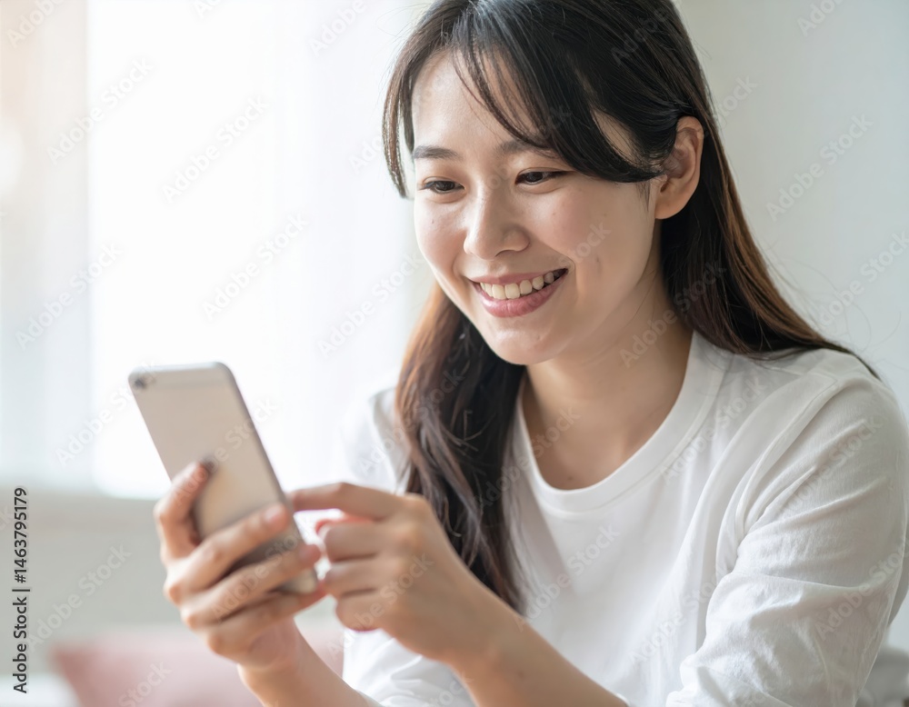 A young woman smiles while using her smartphone, enjoying a moment of connection in a bright, cozy environment A young woman smiles while using her smartphone, enjoying a moment of connection in a bright, cozy environment