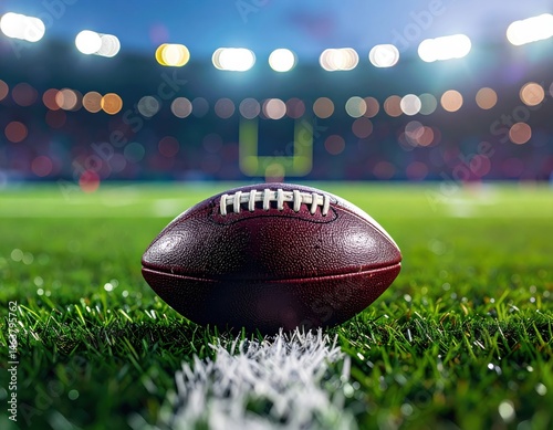 A close-up of a football resting on the grass, with a blurred stadium in the background, illuminated by lights, capturing the essence of an exciting game atmosphere
