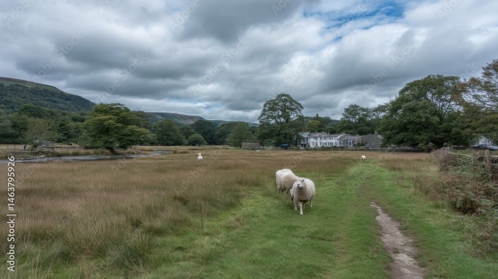 Fototapeta premium Serene Landscape with Sheep Grazing in a Tranquil Meadow Under a Cloudy Sky Near a Rustic Home