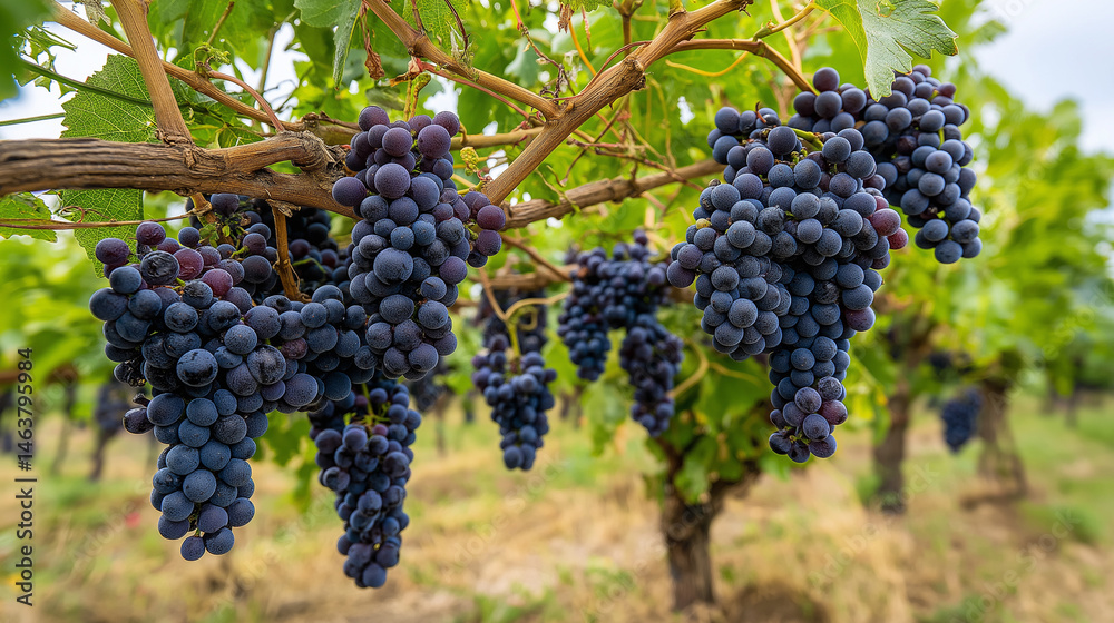 Naklejka premium Dark purple grapes hanging on the vine 