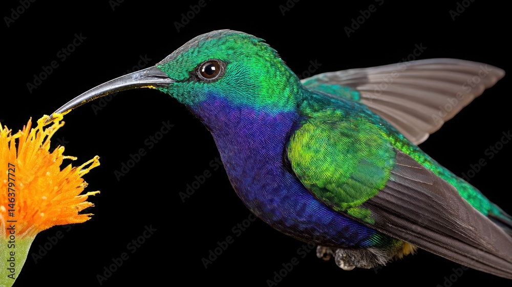 Obraz premium Colorful Hummingbird Hovering Near Vibrant Flower on Dark Background