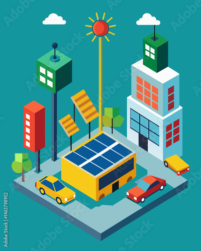 The citys traffic management center is equipped with solar panels and batteries ensuring uninterrupted energy supply for critical monitoring tasks.. Vector illustration