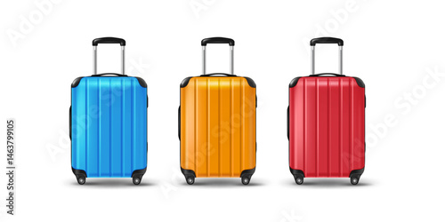 modern travel baggage set design isolated on the white background. blue,yellow and red summer travel luggage clip art vector illustration.