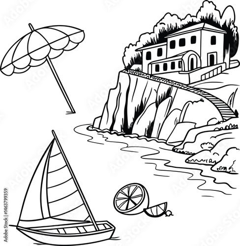 A vector illustration showcases a set of summer icons featuring a sailboat sailing on the sea under the summer sun, perfect for travel and vacation designs