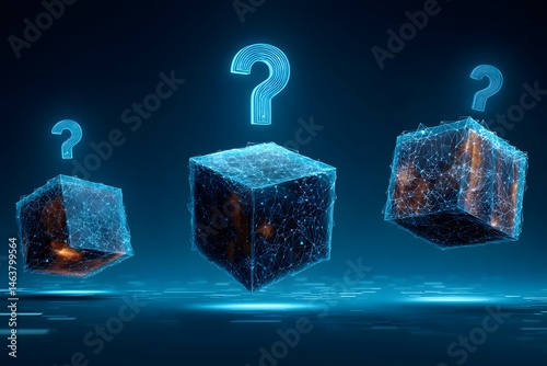 Mysterious Cubes and Question Marks Enigma Digital Art Abstract Technology Blockchain